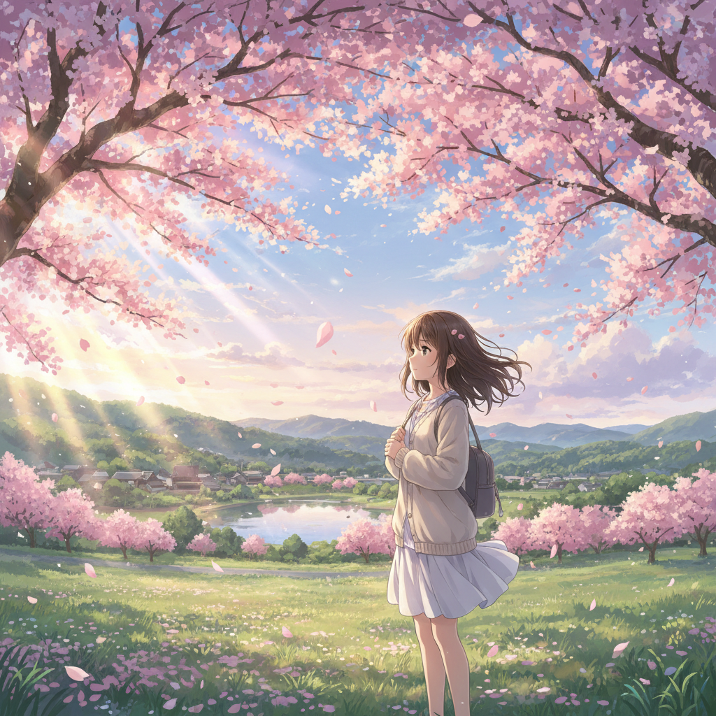 Anime-style girl under cherry blossoms, soft light, Makoto Shinkai vibe