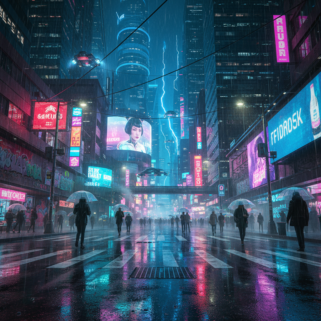 A neon-lit cyberpunk street at night, rain reflections, cinematic, ultra detailed