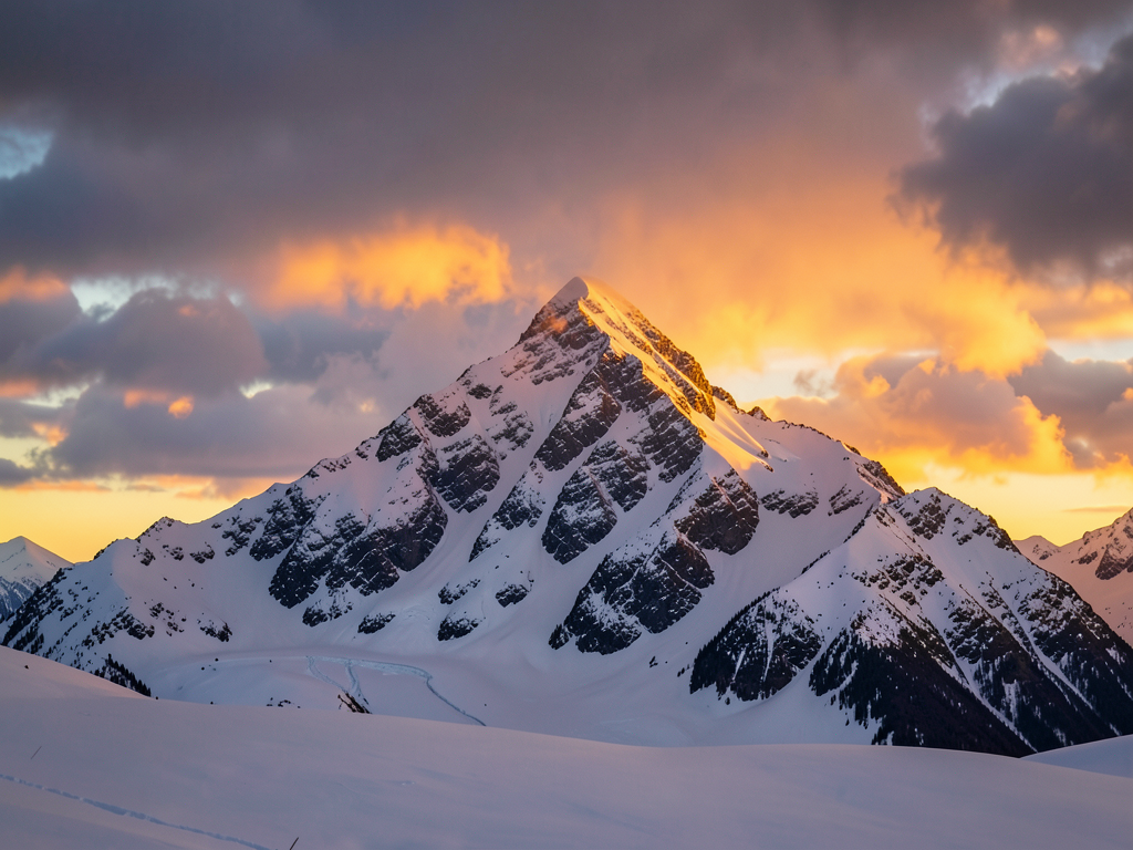 Serene snow mountain at golden hour, dramatic clouds, landscape photography