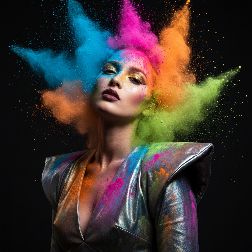 Studio portrait of a woman with colorful powder splash, high fashion, sharp focus