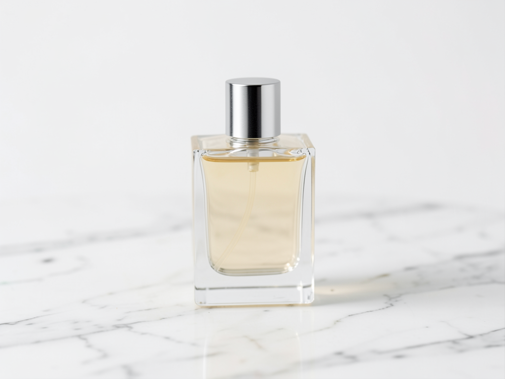 Minimal product shot of a glass perfume bottle on marble, soft studio light